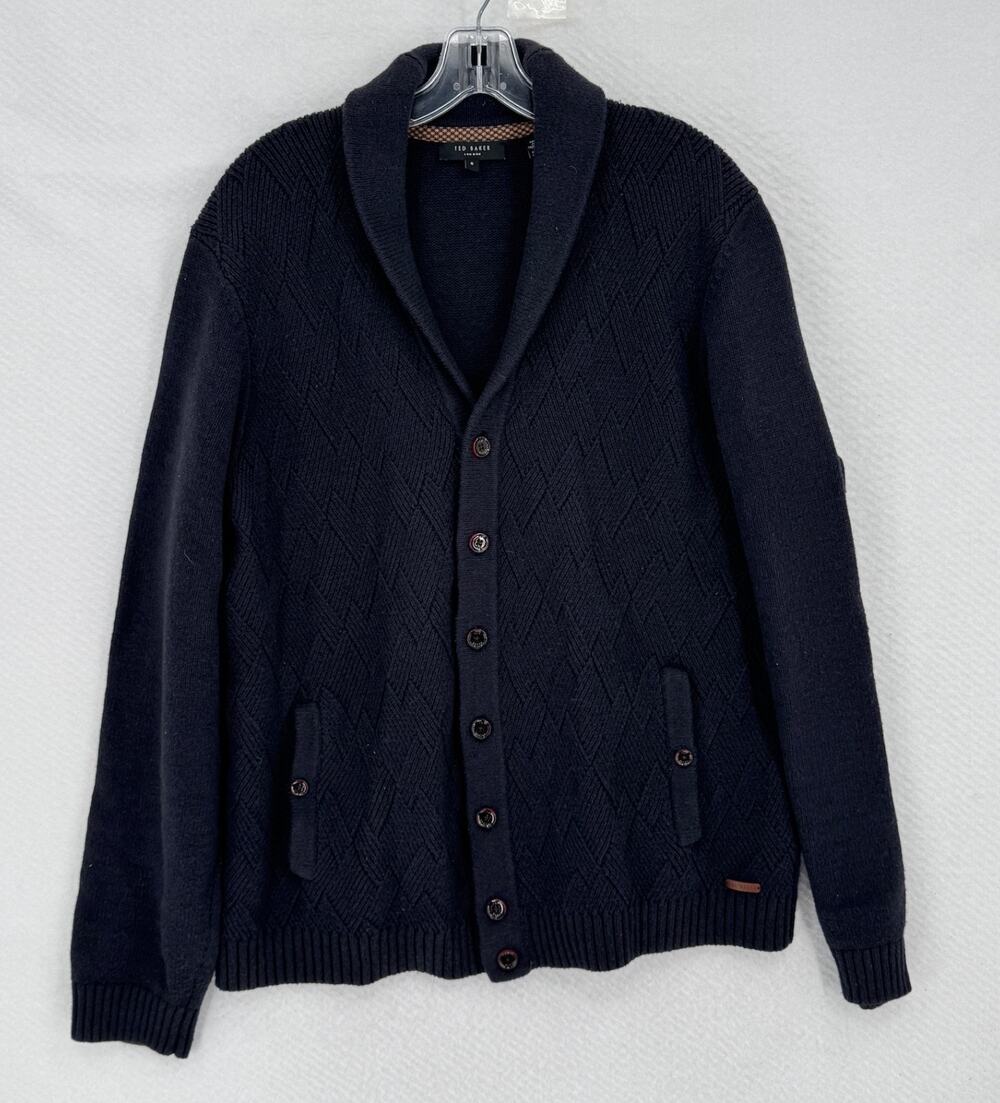 Ted Baker Mens Black Textured Cotton Wool Shawl Collar Cardigan Sweater Sz 2XL/6